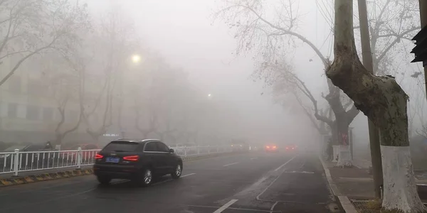 foggy road in the city