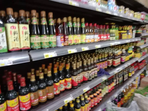 wine bottles in the supermarket