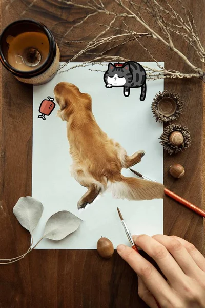 hand drawing art, illustration of dog with paper cup and coffee
