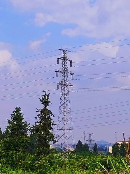 high voltage power lines and blue sky