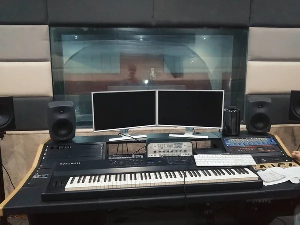 close up of a modern music recording studio