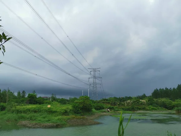 high voltage power lines in the river