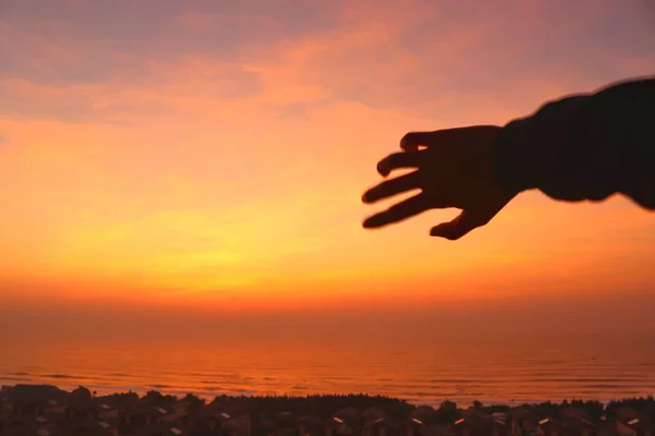 silhouette of a man and woman hands on the beach.