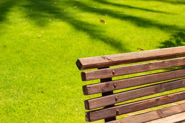 Ensolarado Parque Natural Ambiente Livre Vazio Madeira Banco Paisagismo Objeto — Fotografia de Stock