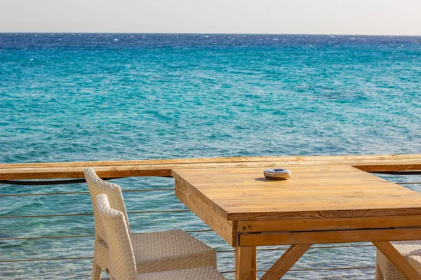 Rustic Patio Cafe Exterior Wooden Table White Chairs Empty Furniture — Stock Photo, Image