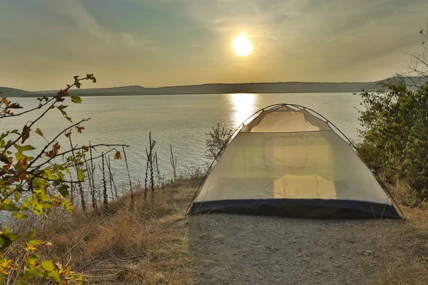 Barraca Camping Estilo Vida Viagens Fotografia Pôr Sol Tempo Dramático — Fotografia de Stock