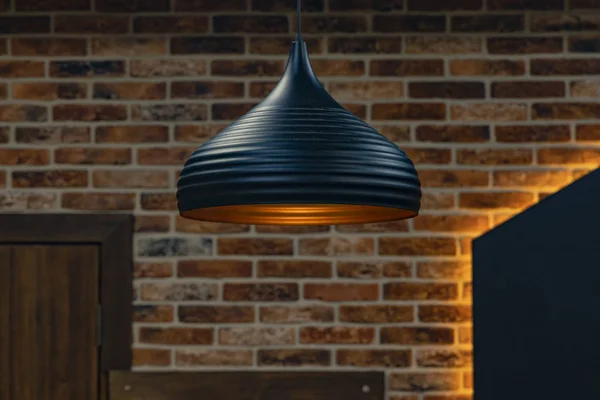 Schemering Restaurant Interieur Hanglamp Zacht Oranje Licht Baksteen Muur Deuren — Stockfoto