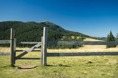 Dağ manzaralı dağ manzaralı vahşi doğa ve kırsal ahşap çitler. Köy alanından uzakta atlar için küçük bir çayırlık alanı var. 