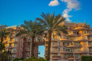 Ürdün Ortadoğu 'da yaz mevsimi tatil beldesi. Doğu Arap mimari oteli. Palmiye ağaçlarının olduğu dış bina.  