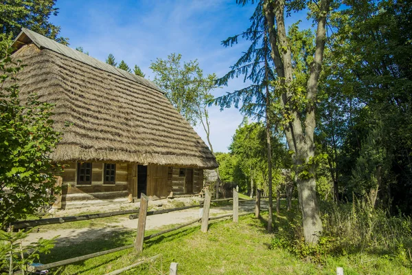 ウクライナの村の田舎のランドマークビュー木製の家のポーチの外観庭の木に囲まれた緑の葉春の時間に晴れた天気明るい日 — ストック写真