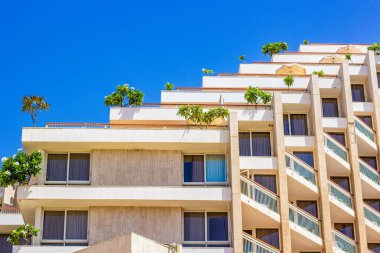 Otelin dış cephesi balkon ve çatısı ağaçlarla kaplı yaz mevsimi açık hava arkaplanı boş.