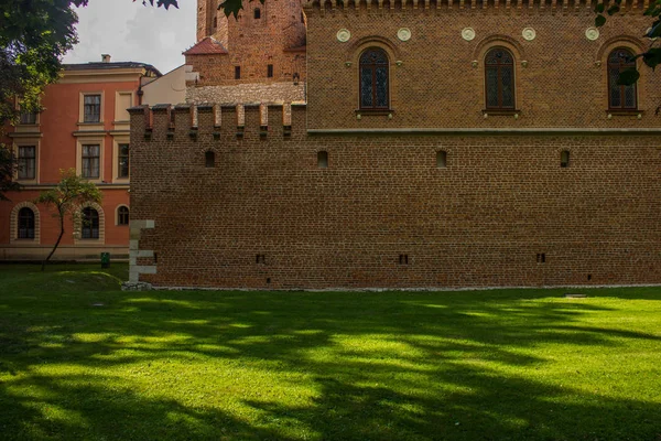 Château médiéval cour clôturée par mur de briques ensoleillé été temps prairie d'herbe verte — Photo