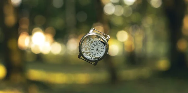 Formato horizontal inspiradora imagen de diseño gráfico de reloj de mano vintage en el aire en el bosque de cuento de hadas de oro entorno de fondo natural desenfocado, espacio de copia —  Fotos de Stock