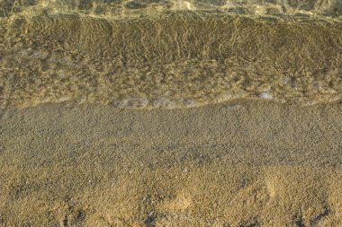 Duvar kâğıdı şekilli arkaplan konsepti, plaj sahili çizgisi kum ve suyun eski tarz fotoğrafçılığının resmi yukarıdan gelen öngörüyle metin için boş kopya alanı ile birlikte