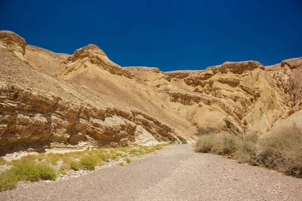 Sand sten kanjon stenig landskap ödemark Negev israelisk öken i torr sommartid säsong utan regn — Stockfoto