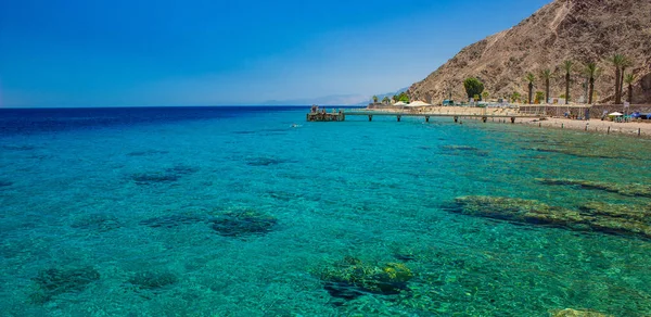 Paraíso Mar Rojo playa de coral israelí paisaje tropical paisaje con muelle sobre el agua y la gente divertida, vacaciones de verano panorama fotográfico copiar espacio para su texto aquí —  Fotos de Stock