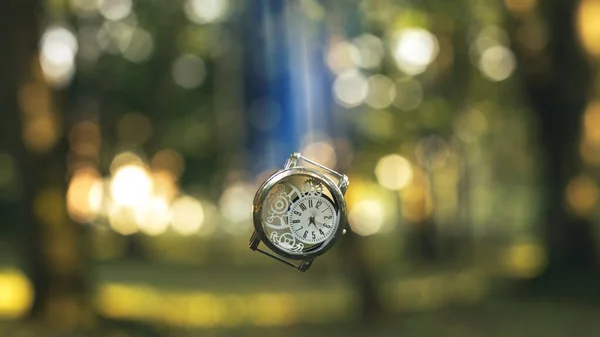 Línea muerta concepto de tiempo imagen de caída de movimiento reloj de mano bosque al aire libre borrosa verde desenfocado espacio de fondo —  Fotos de Stock