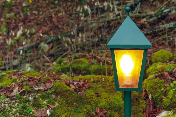 Lampe de décoration de jardin post éclairage jaune environnement pittoresque nature avec des couleurs vertes et brunes colorées brouillé espace de fond — Photo