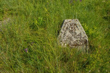 Mezar taşı Antik mezarlık canlı yeşil çim tepe manzaralı çevre açık renkli yaz günü mavi gökyüzü arkaplan boş metin için metin alanı
