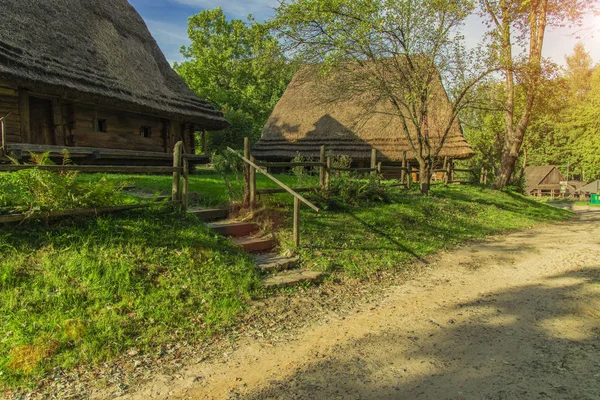 Oeste de Ucrania rural vista panorámica casa de madera techo de paja en el jardín floreciendo primavera naturaleza verde follaje ambiente con resplandor salida del sol — Foto de Stock