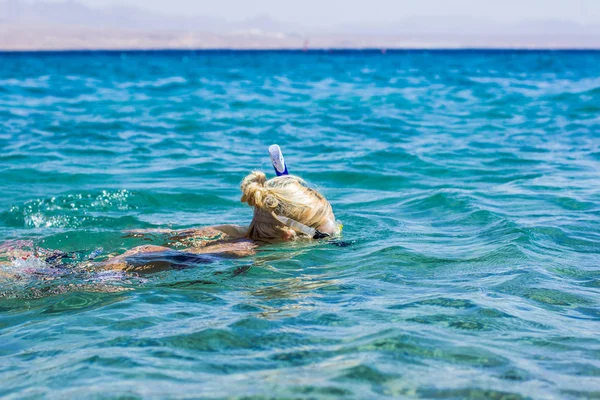 Natação snorkeling menina em vermelho mar azul água ondulada superfície no verão tempo férias temporada atividade ao ar livre — Fotografia de Stock