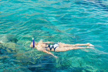 Kızıl Deniz 'de yüzen yüzen kadın manzaralı güney doğası yaz tatili etkinlikleri