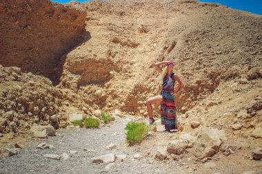 Güzel kadın portresi uzun moda elbisesiyle poz veriyor. Kuru kum taşı çöl kanyonu kayalık manzarası. Küresel ısınma doğa alanı dışında.