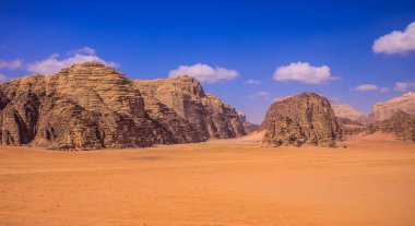 Wadi Rum desert aerial landscape picturesque scenic view of heritage tourism site in Jordan Middle East region country sand valley and beautiful rocky mountains