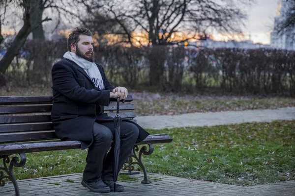 depression moody human emotion concept bearded man portrait sitting on a bench in park autumn season time park outside environment with bare trees branches and twilight lighting