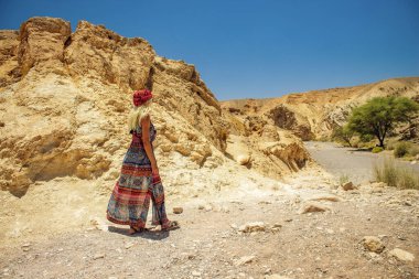 Uzun renkli elbiseli seksi bir kadın sıcak havada yürüyordu. Kuru çöl kanyonunun doğal ortamına doğru yürüyordu.