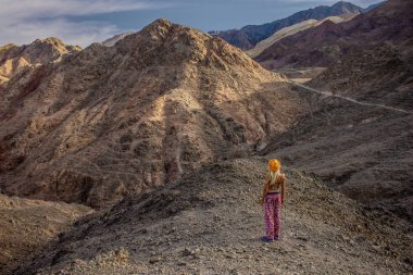 Yalnız seksi kızın duvar kâğıdı poster fotoğrafçılığı dramatik çöl kayalık dağ çorak arazide kameraya geri çekilin doğal doğa tehlikeli çevre alanı
