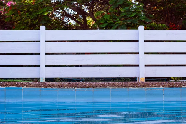 Arka bahçedeki havuz kenarındaki rahatlama alanının yanındaki bahçe beyazı ahşap çit fotokopi alanı