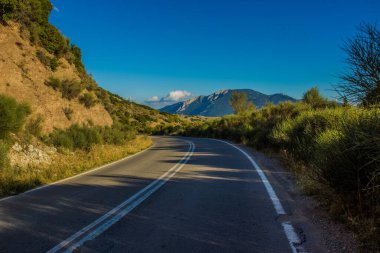 Dağlardaki boş arazi arabası yolu. Taze sakin. Doğal yaz, aydınlık ve çiçek açan çevre alanı.