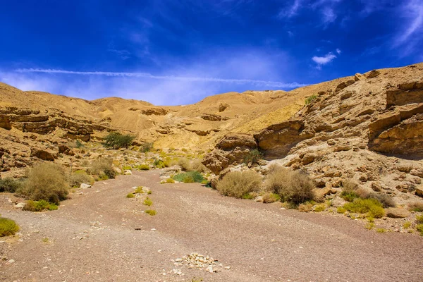 鮮やかなカラフルな砂漠の風景砂の石の丘の荒野は 乾燥した黄色の地面と青い空と風光明媚な自然環境空間を温暖化 — ストック写真