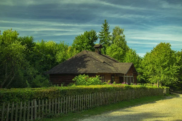 Сільська Сільська Місцевість Краєвид Дерев Яний Будиночок Краю Лісу Яскравий — стокове фото