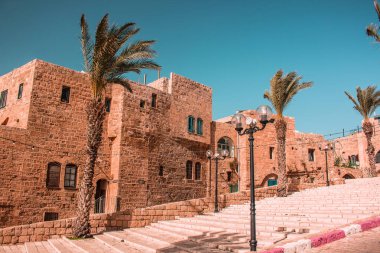 İsrail mirası turistik bölge Jaffa sokağı yaz aylarında palmiyeler ve taş binalarla modern Instagram vintage tonlama stili.