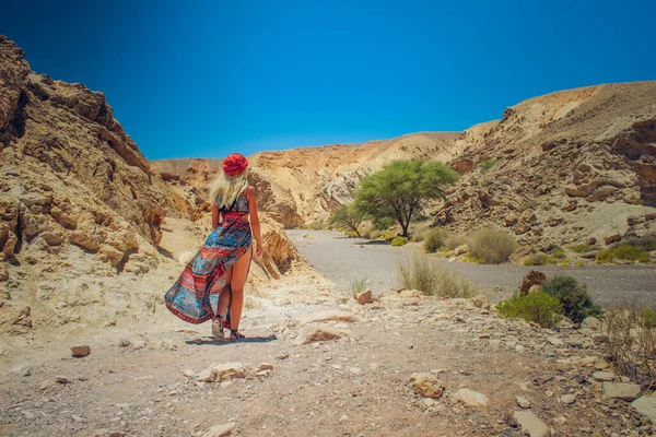 Mellanösternregionen Landskap Öken Kanjon Med Promenader Europeisk Vit Kvinna Eleganta — Stockfoto