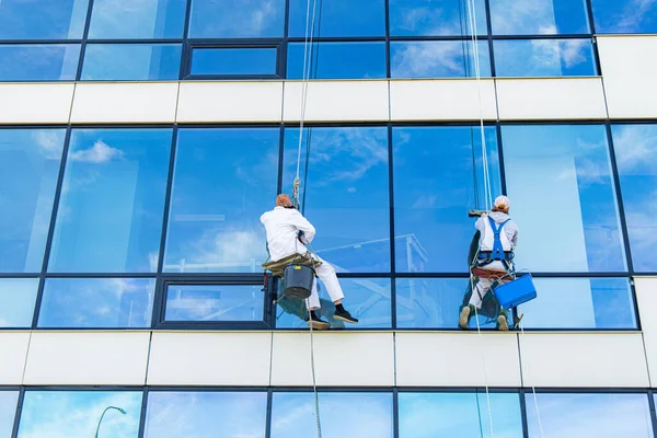 Dos Trabajador Persona Volver Cámara Ventana Limpieza Trabajo Fuera Moderno — Foto de Stock