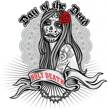 Kutsal ölüm, gün ölü, Meksika şeker kafatası, vintage tasarım t shirt