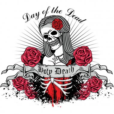 Kutsal ölüm, gün ölü, Meksika şeker kafatası, vintage tasarım t shirt