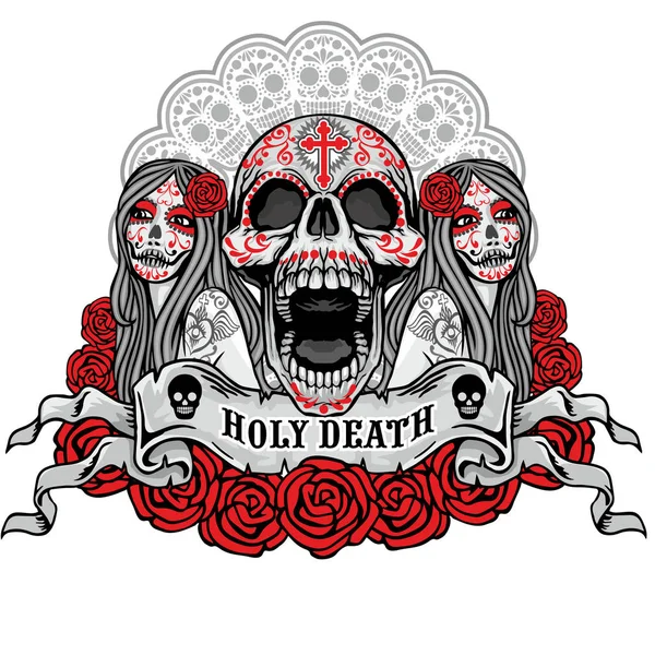 Holy Death, Día de los Muertos, calavera de azúcar mexicana, camisetas de diseño vintage — Vector de stock