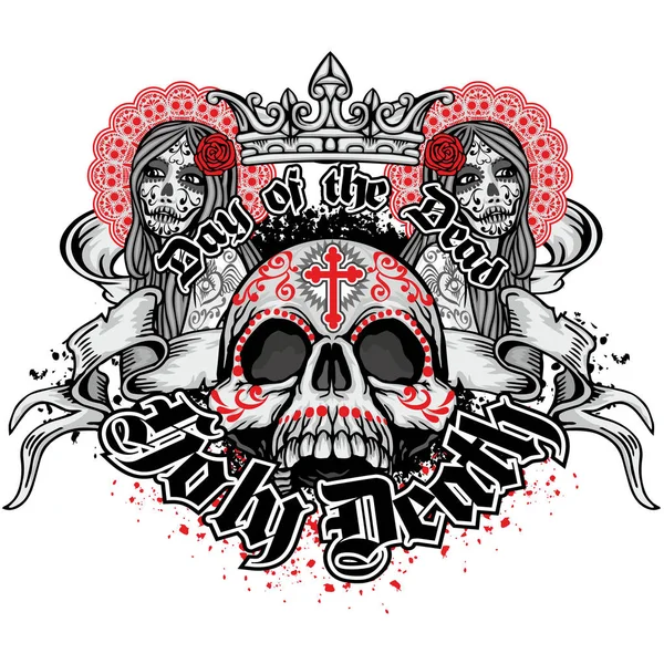 Morte Sagrada, Dia dos Mortos, crânio de açúcar mexicano, camisetas de design vintage — Vetor de Stock