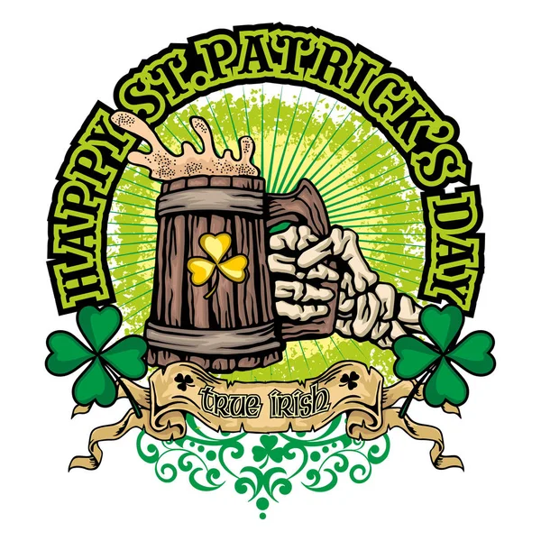 爱尔兰徽章与头骨和三叶草 垃圾复古设计 T恤衫 — 图库矢量图片