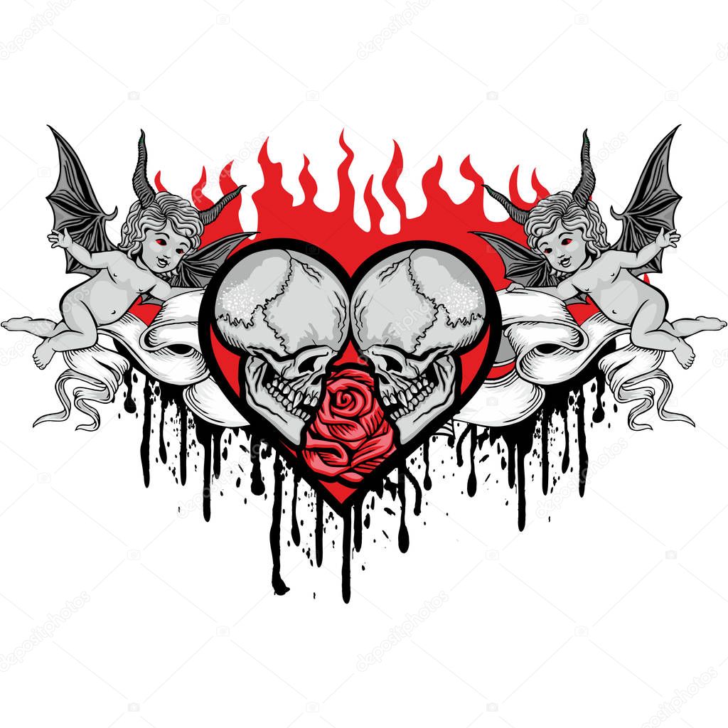 valentines skull with heart, grunge vintage design t shirts