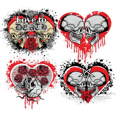 kalp ile Sevgililer kafatası, grunge vintage tasarım t shirt ayarla