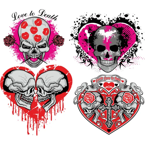 Calavera San Valentín Con Corazón Diseño Grunge Vintage Camisetas Conjunto — Vector de stock