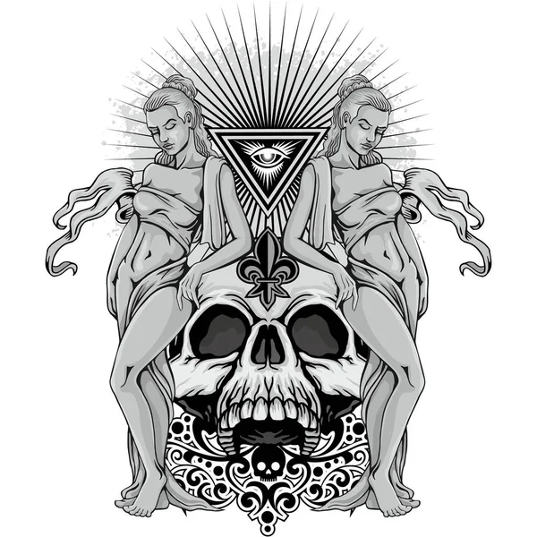 Kafatası Grunge Vintage Tasarım Shirt Ile Gotik Arması — Stok Vektör