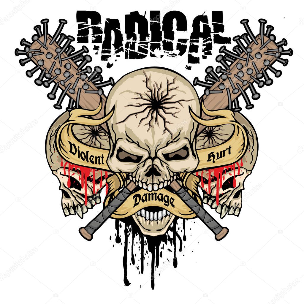 aggressive emblem with skull, grunge vintage design t shirts