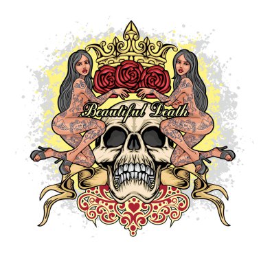 Gotik işaretiyle kafatası ve Seksi dövmeli kızlar, grunge vintage tasarım t shirt
