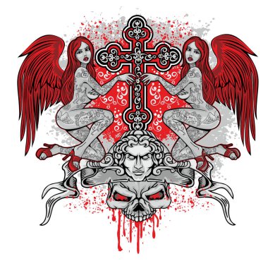 Gotik işaretiyle kafatası ve Seksi dövmeli kızlar, grunge vintage tasarım t shirt